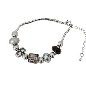 JCPenney Black Gray Artisan Glass Beaded Silver Plated Charm Bracelet Adjust NEW